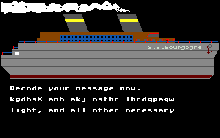 Die Amiga-Version bietet sogar bewegten Dampf über dem Schiff! Hier decodieren wir die Nachricht... Die Amiga-Version bietet sogar bewegten Dampf über dem Schiff! Hier decodieren wir die Nachricht...